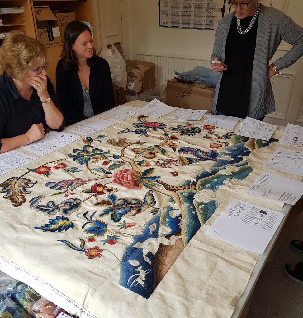 Phillipa, Laura and Harriet with the nearly finished Muncaster Bed Hanging