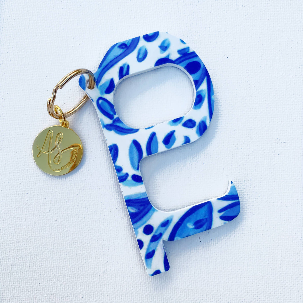 Audra Style Hands Free Door Opener Keychain Blue And White Crazy Ladies More Inc