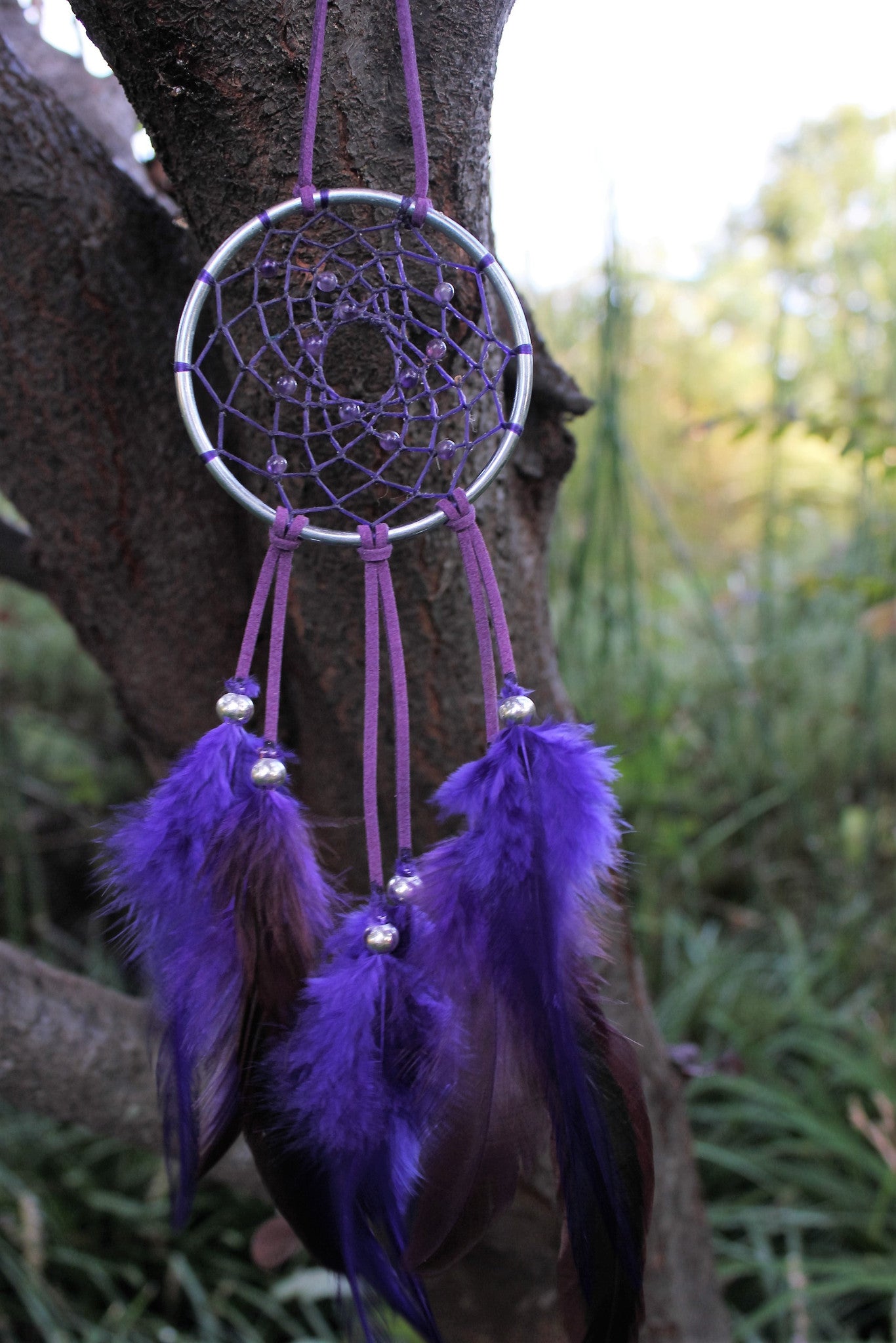 Purple Amethyst Dream Catcher,  3 inch Steel Ring, Leather, Sinew, and Colored Rooster Feathers