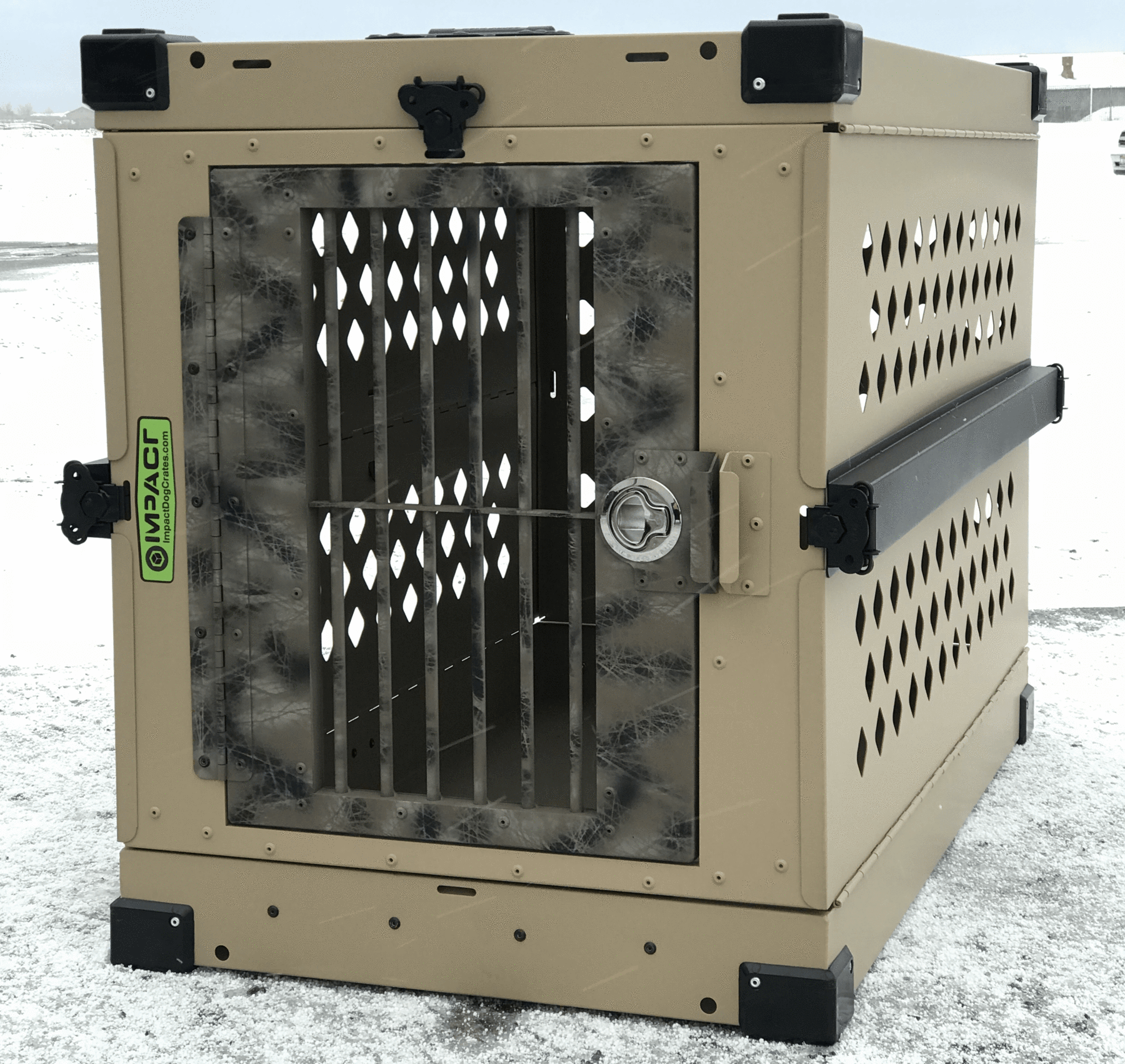 tan and camo dog crate