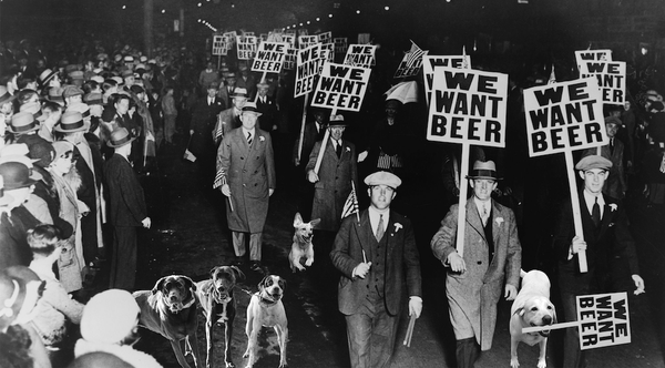 dogs protesting for beer back in the prohibition days