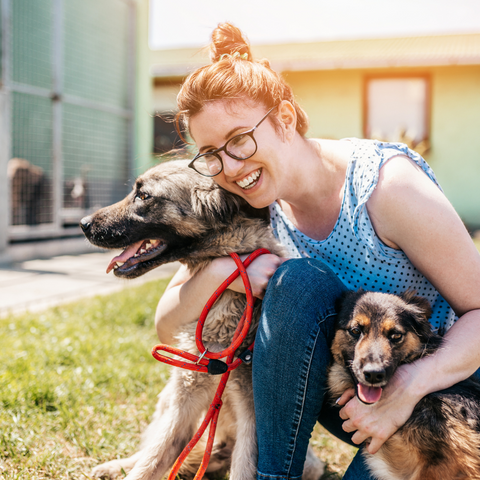 girl hugs two dogs at animal shelter smiling