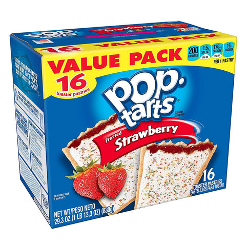 caja azul de POP TARTS de fresa que dice "value pack 16"