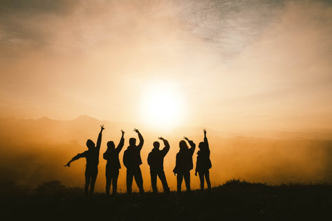 group of people cheering while looking at the sun