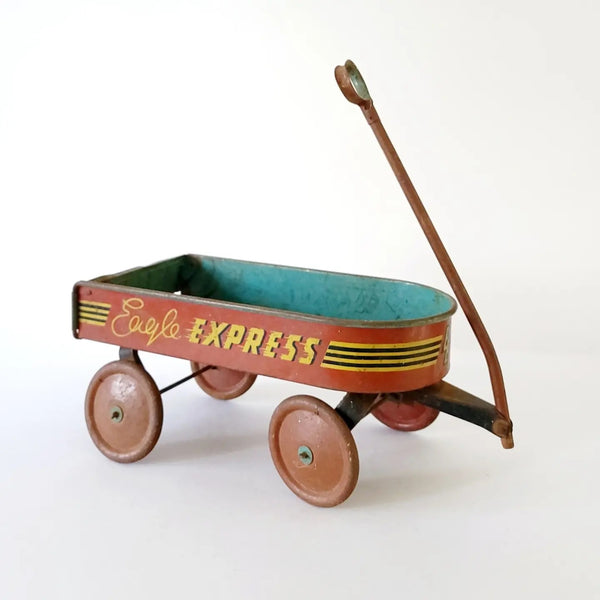 Antique Childrens Red & Turquoise Pull Toy Wagon