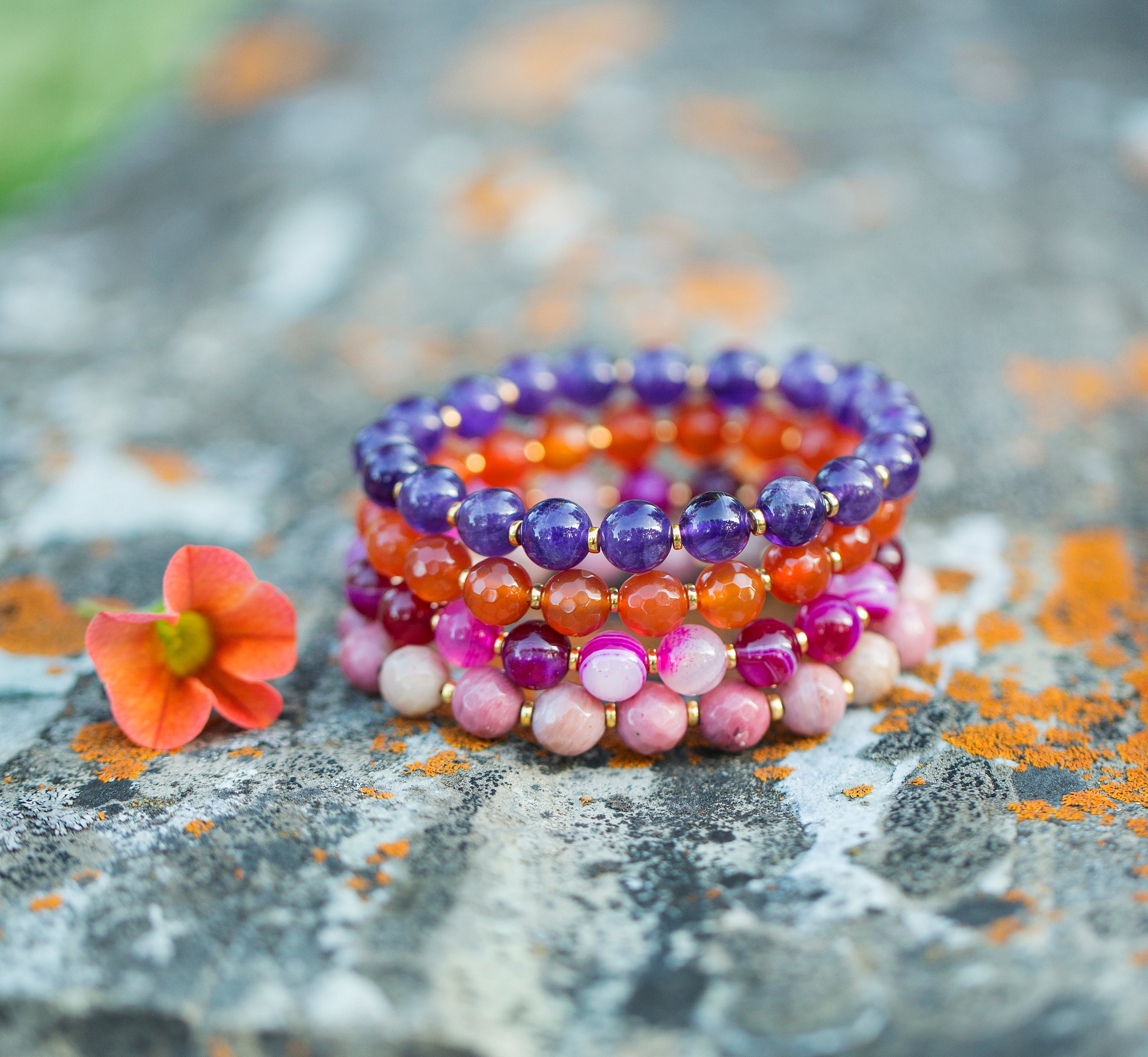 lotus flower inspired gemstone bracelet set