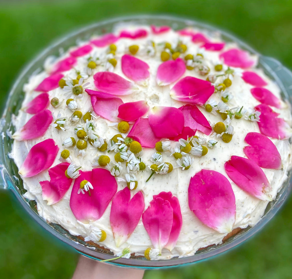 Charmed Chamomile Honey Cake with Edible Rose Petals