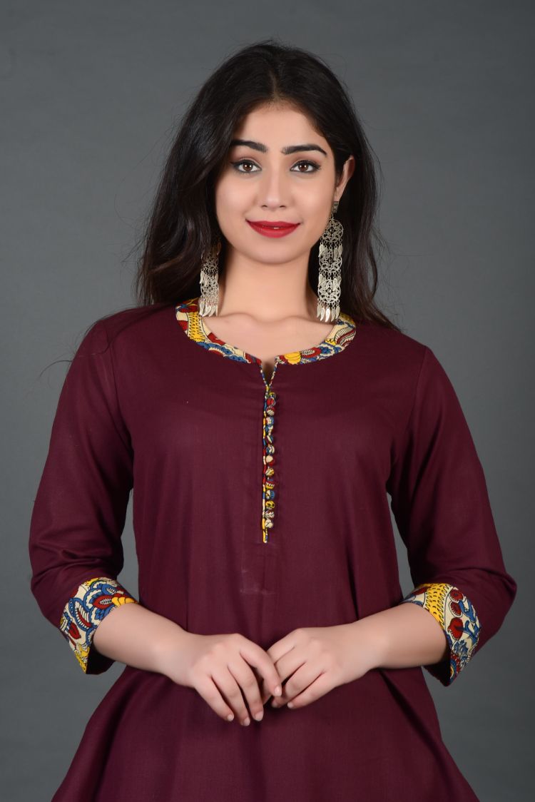 Wine Kalamkari Cuff Cotton Kurta – Jaipuriya