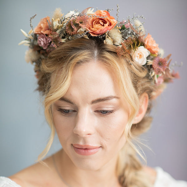 Boho Flower Crown Dusty Orange Bridal Wedding Crown Bride Natural Peach Flower Headpiece Wedding 