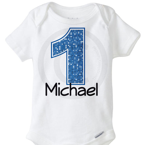 Boy S First Birthday Onesie Bodysuit With Big Blue Number 1 And Name