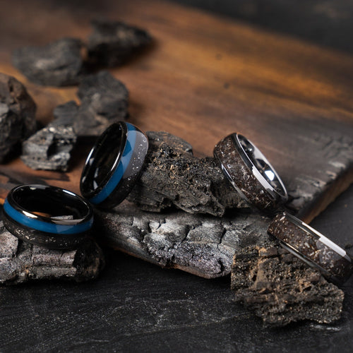 Rough Cut Carbon Fiber and Damascus Marble Ring with Pale Blue Glow Re – E6  Rings