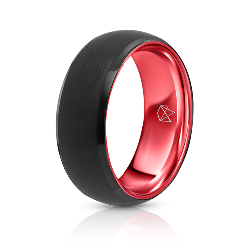 Beveled Red Dinosaur Bone Inlay Men's Wedding Ring in Black Ceramic (8mm)