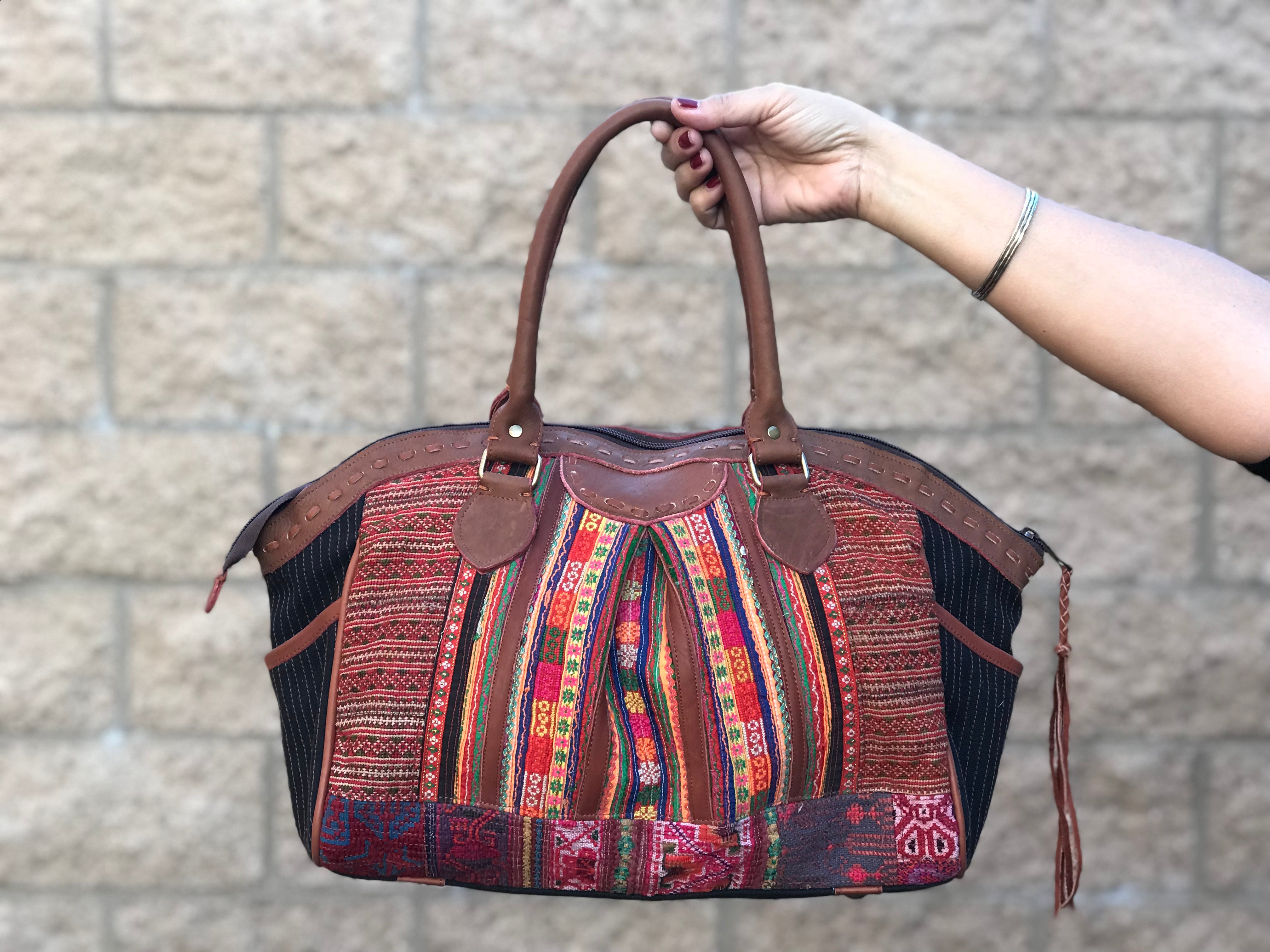 Unique bohemian antique leather and Hmong embroidery bag 1