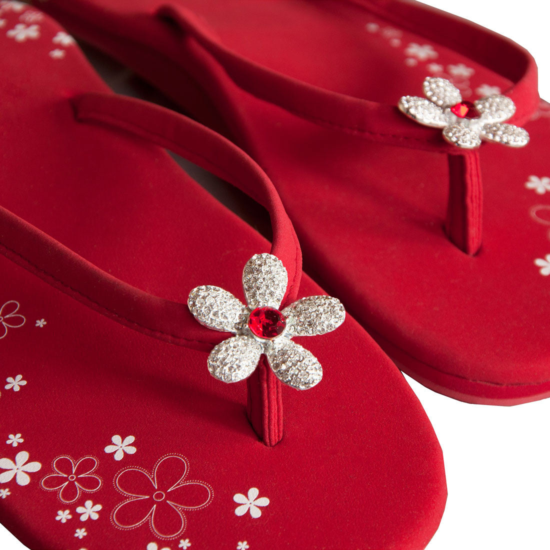 Red Pave Flower Flat Flip Flops - Girl 