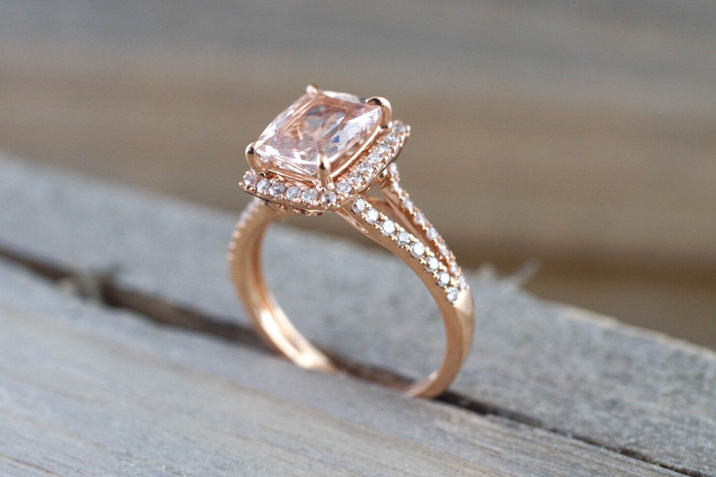 14k Rose Gold 9x7mm Cushion Morganite Diamond Halo Engagement Ring Spl Brilliant Facets