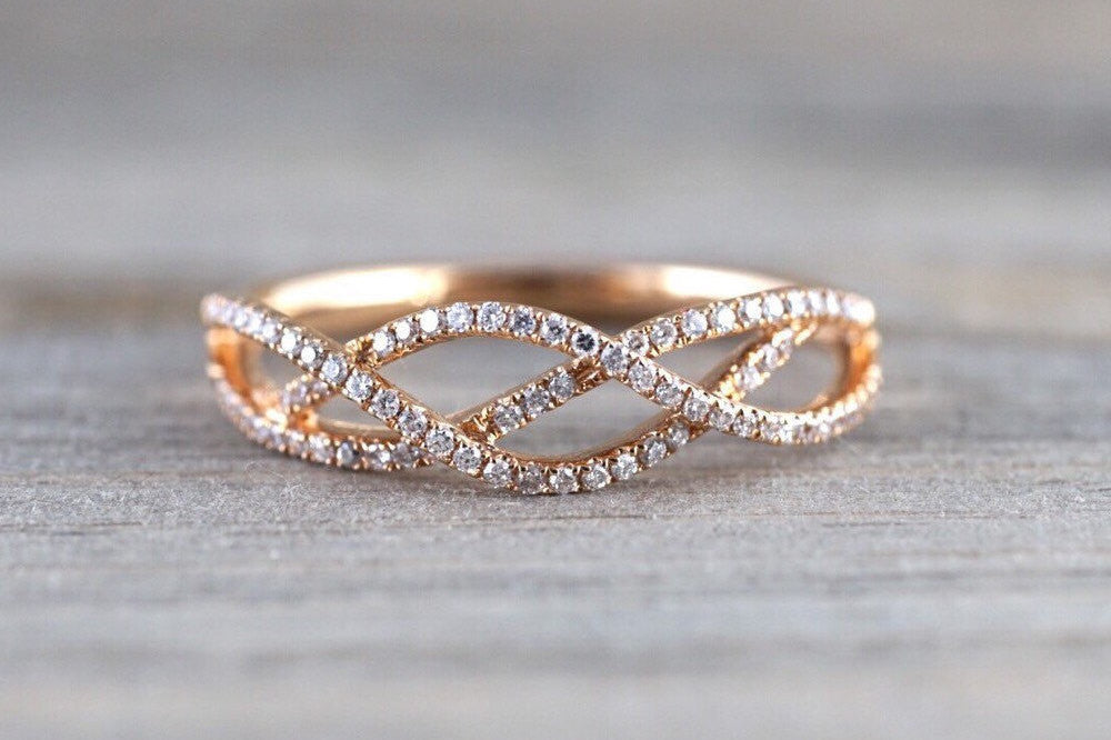 18k Rose Gold Diamond Infinity Intertwined Band Ring Wedding Anniversa ...