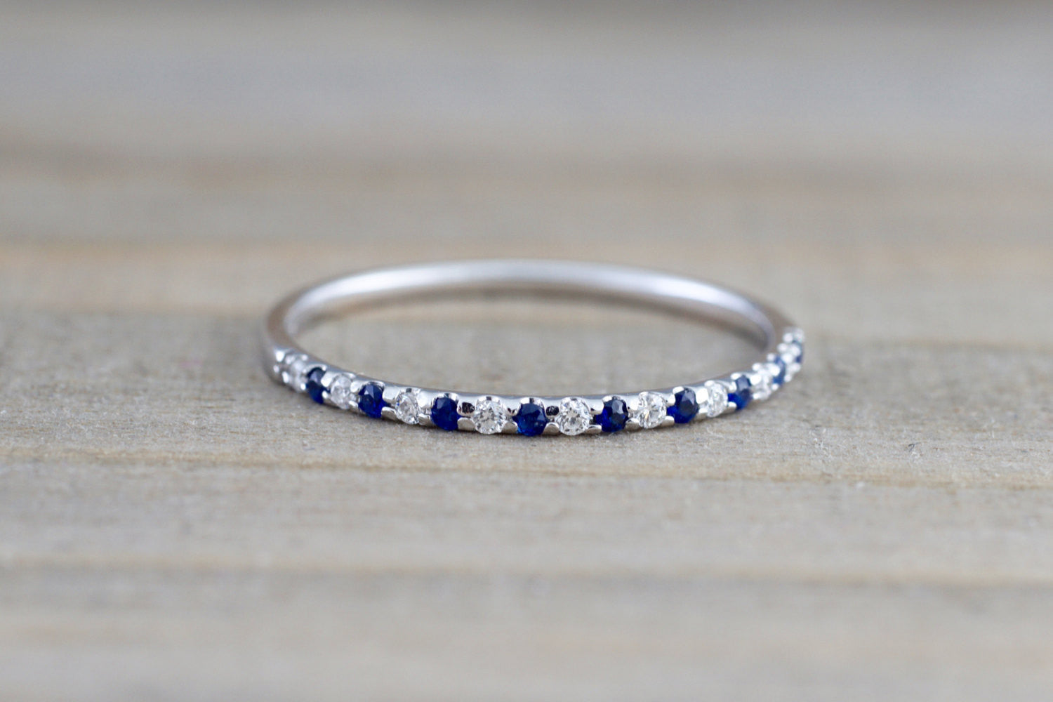 14k White Gold Diamond Sapphire Dainty Band Wedding