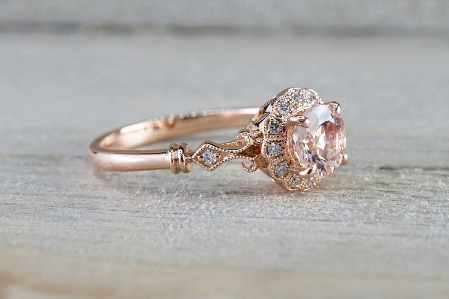 14k Rose Gold Dainty Round Morganite Diamonds Ring ER010066