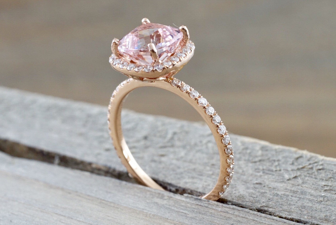 14k Rose Gold Cushion Morganite Diamond Halo Engagement Ring Crown Dia ...