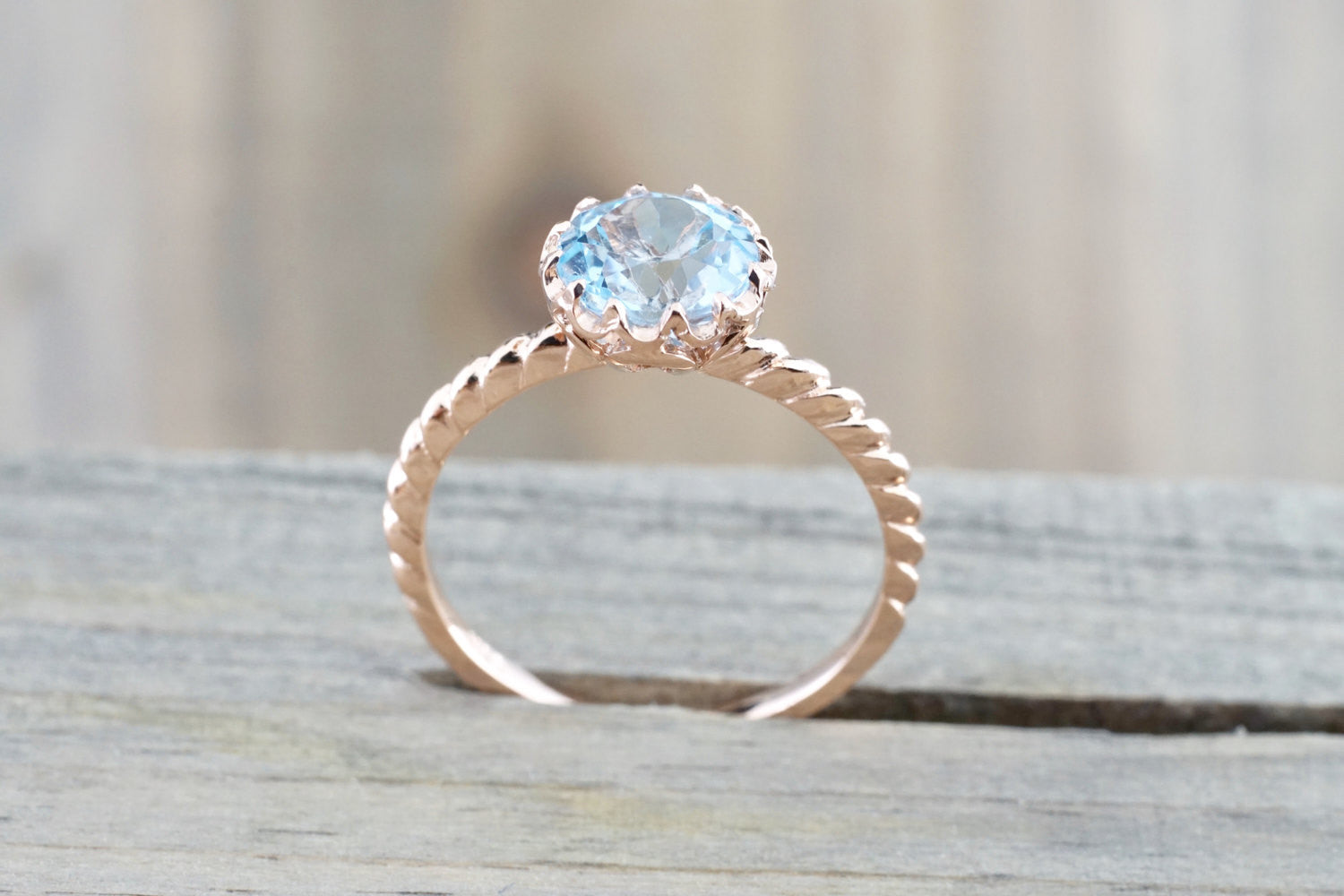 Mandi 8mm 14k Rose Gold Round Blue Topaz Engagement Ring Crown Vintage Rope