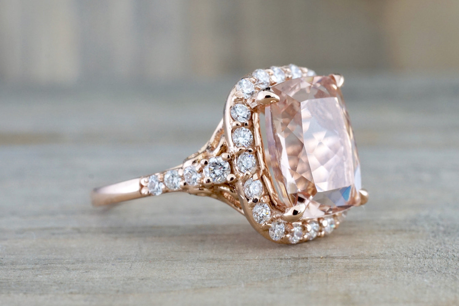 5.10 carats 14k Rose Gold Halo Cushion Morganite Peach Champagne Beige Diamond Halo Engagement Ring Vintage