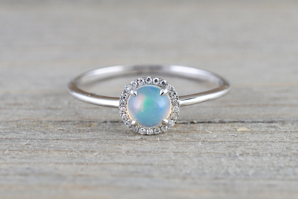 14k White Gold Round Opal Diamond Halo Ring – Brilliant Facets