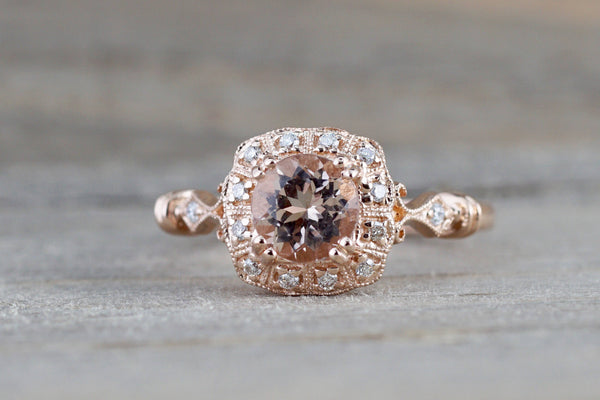 14k Rose Gold Vintage Diamond Morganite Engagement Promise Ring Rope B ...