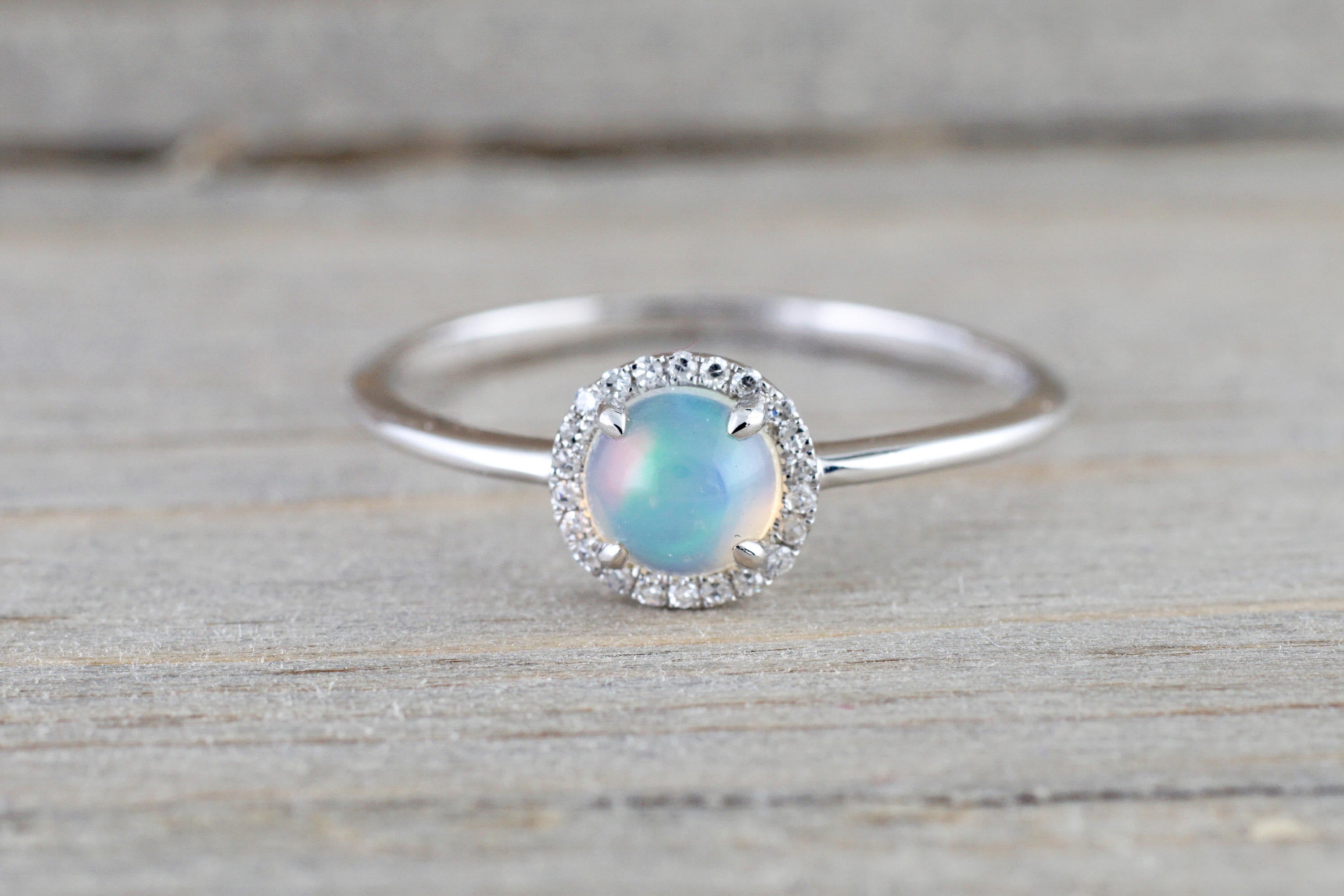 14k White Gold Round Opal Diamond Halo Ring – Brilliant Facets