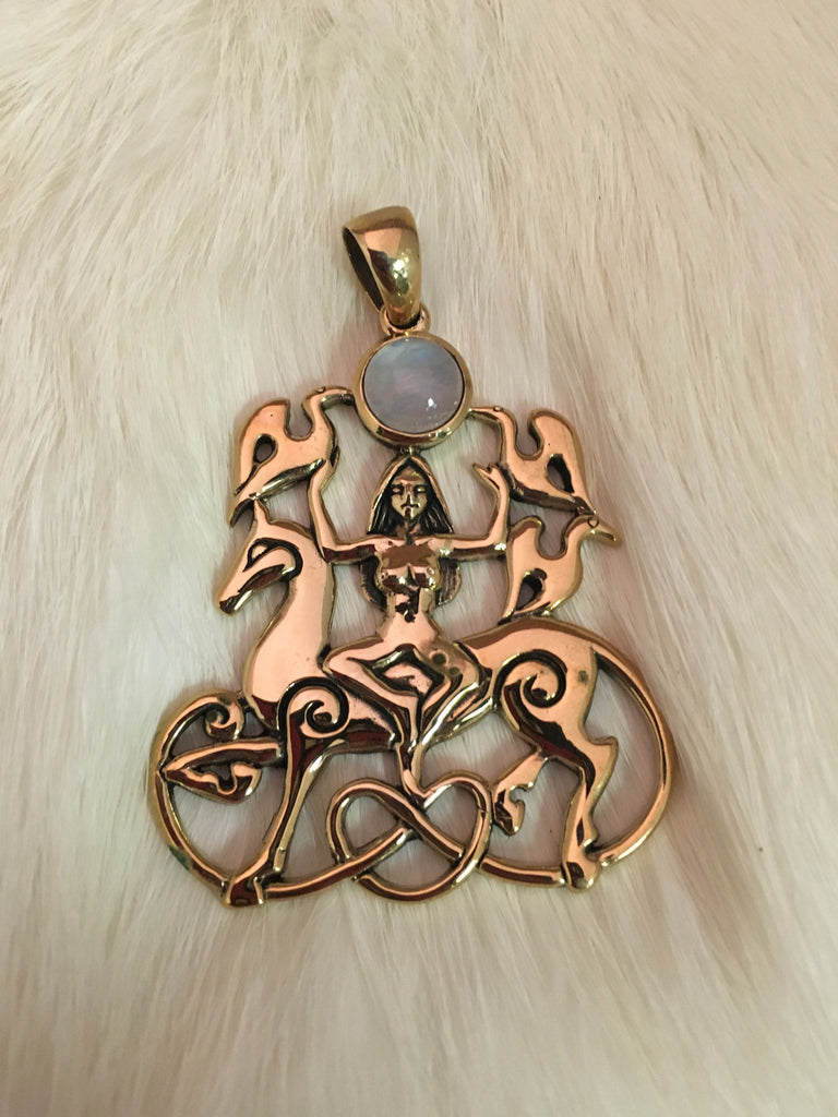Bronze Rhiannon Pendant with Rainbow Moonstone – The Coven's Cottage