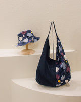 Kids hat, Reversible Bucket Hat hand-made in Singapore, Japanese cotton, white with navy pattern printed,matching with mom's bag