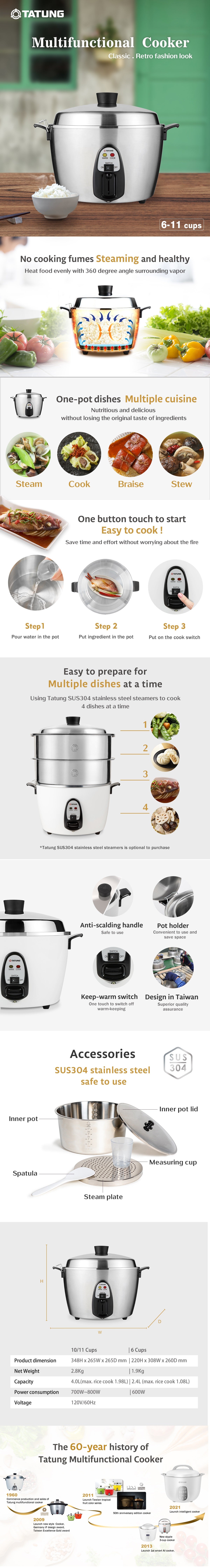 Tatung TAC-06KN(UL) 6 Cup Multi-functional Stainless Steel Rice Cooker