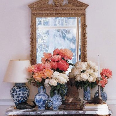Gilt wood mirror blue and white china console table