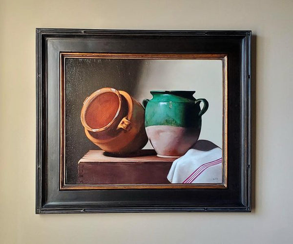 Still life painting with antique French confit pots