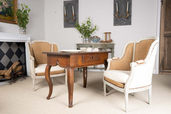 Louis XV oak desk with Louis XVI bergere armchairs French living room