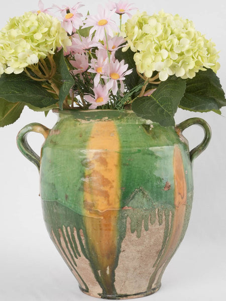 Antique French confit pot green with hydrangeas