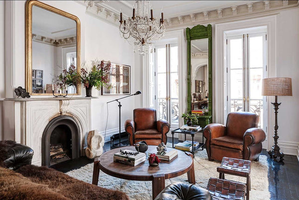 Pair of French leather club chairs in living room