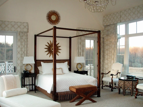 Sunburst mirrors four poster bed antique decor Timothy Corrigan