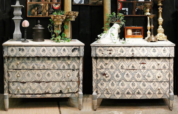 Pair of 19th century painted commodes blue and white modern farmhouse decor