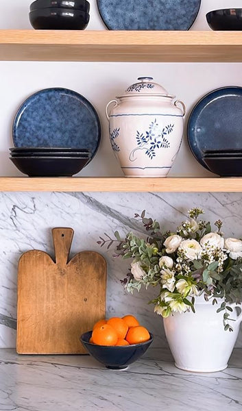 Antique French cutting board blue and white pot kitchen vignette