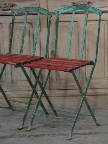 French bistro garden chairs red green folding mid-century