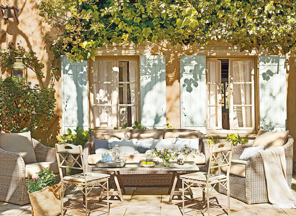 French garden terrace patio under the ivy blue