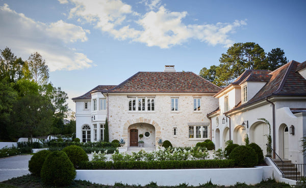 French garden with antique planters