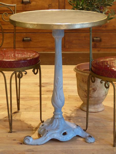 Marble top French bistro table with blue cast iron base