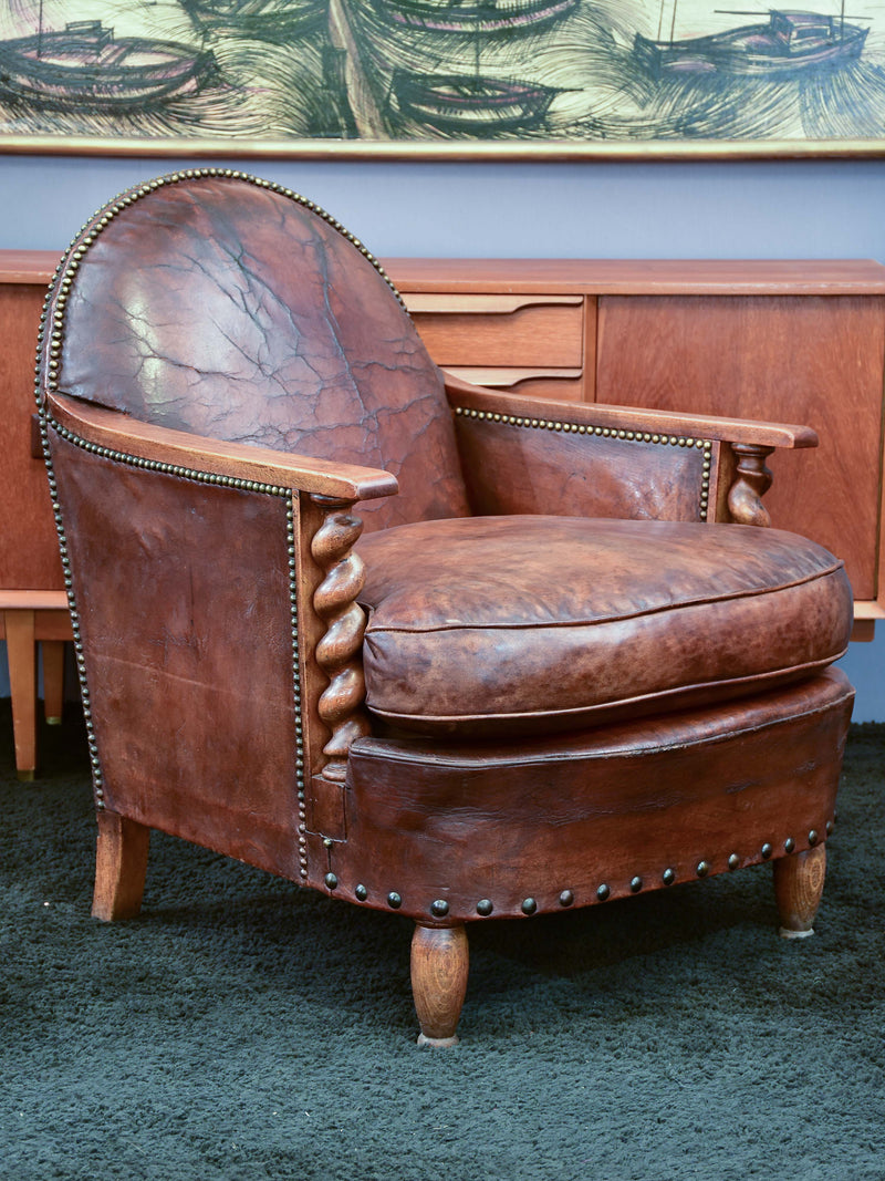 Antique French leather club chair