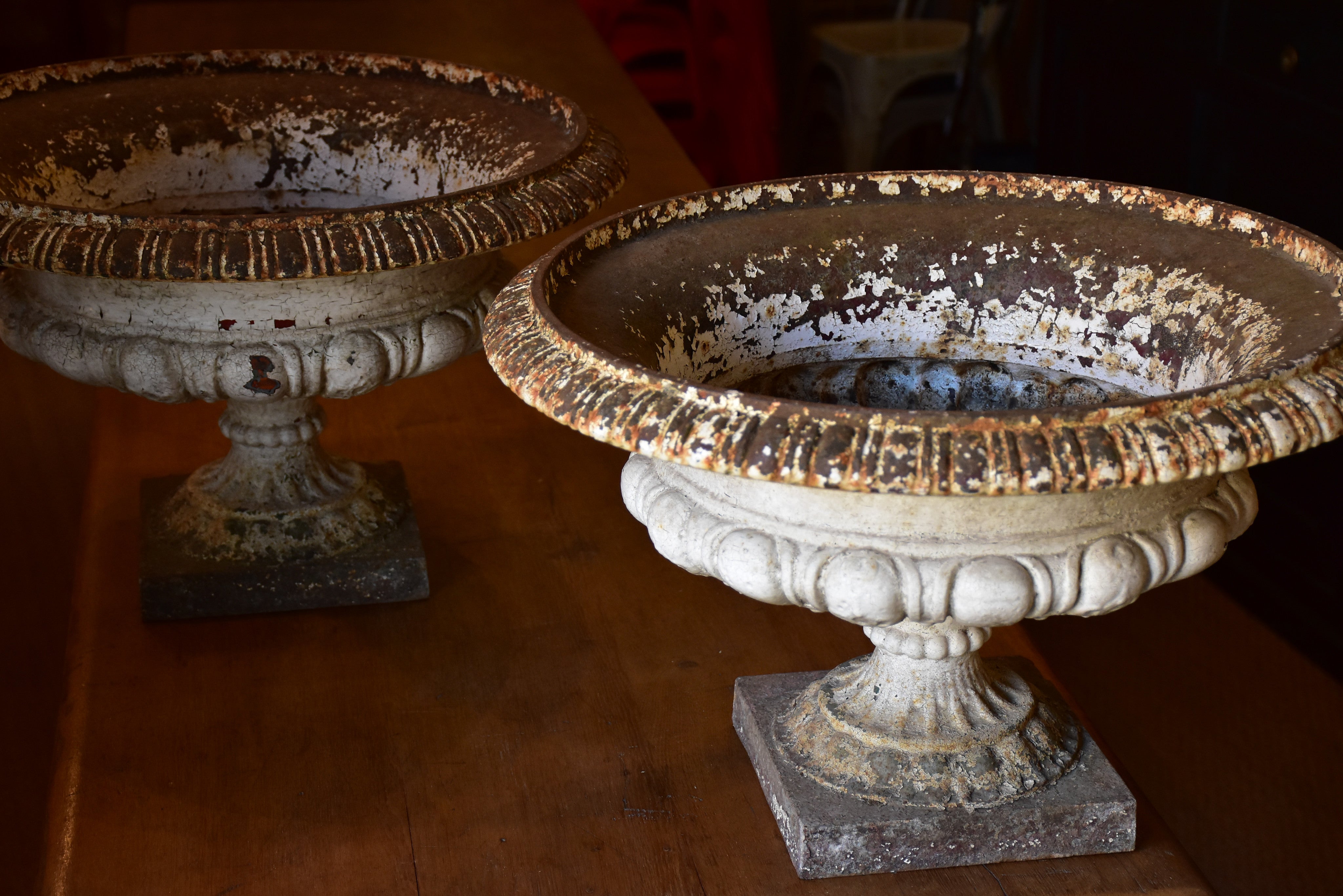 Pair of large white antique French garden urns – cast iron – Chez Pluie