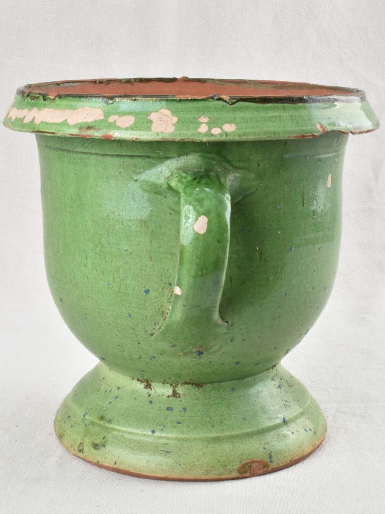 Antique Castelnaudary planter with 2 handles & green glaze 11¾"