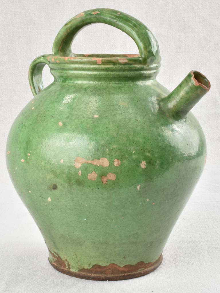 Antique French water pitcher with green glaze 11¾"
