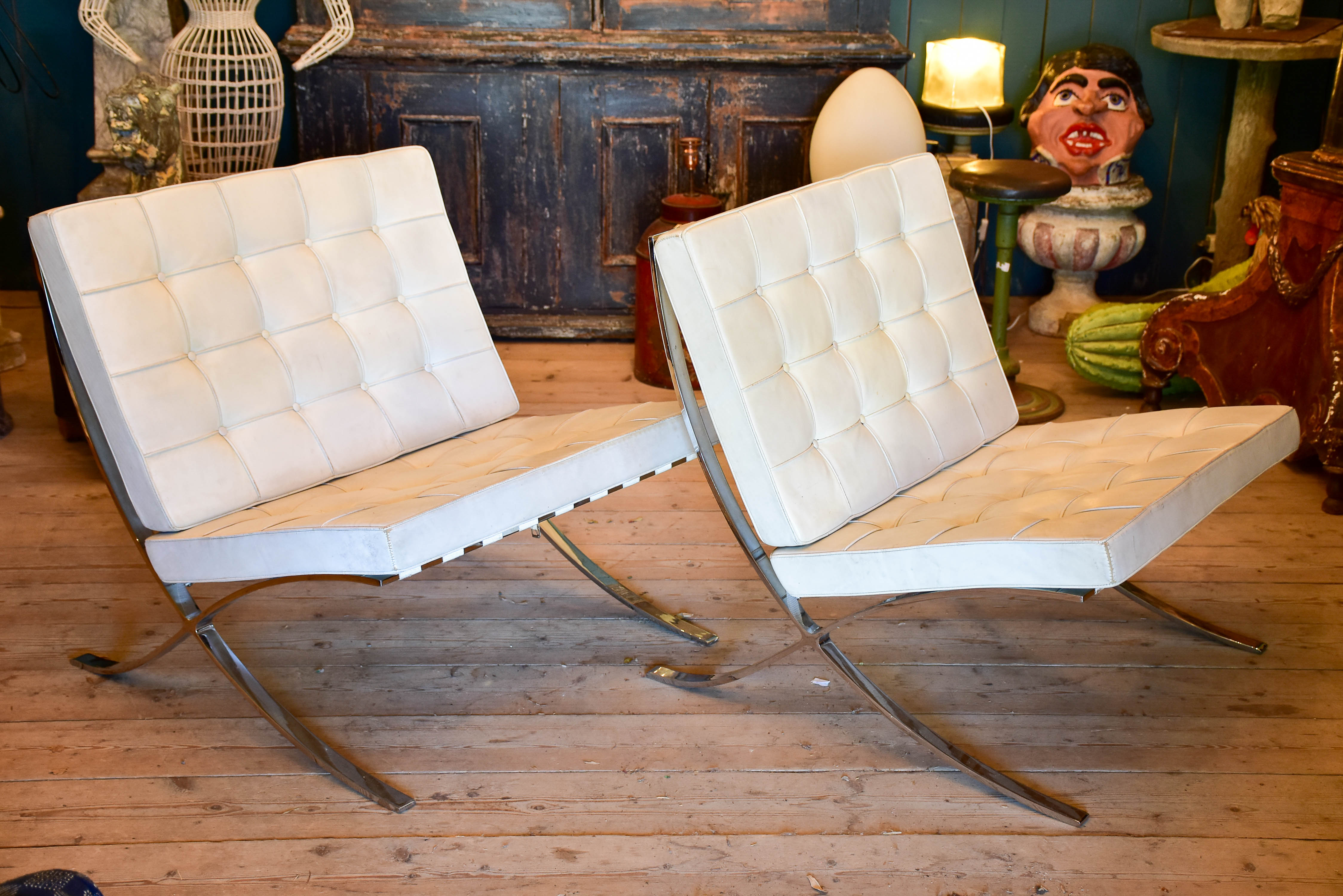 Pair Of Original Barcelona Chairs With White Leather Mies