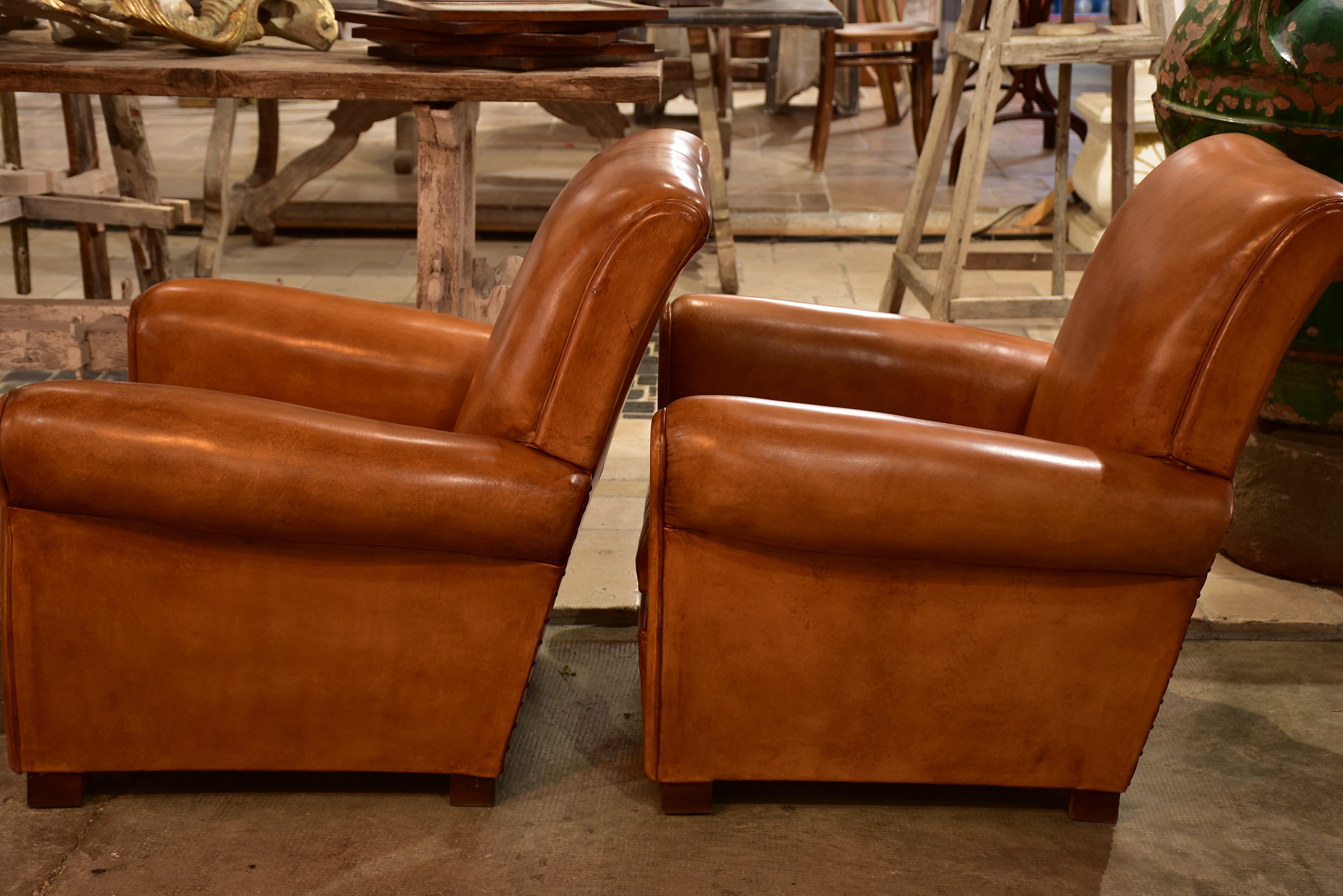 Pair of vintage leather club chairs – Chez Pluie
