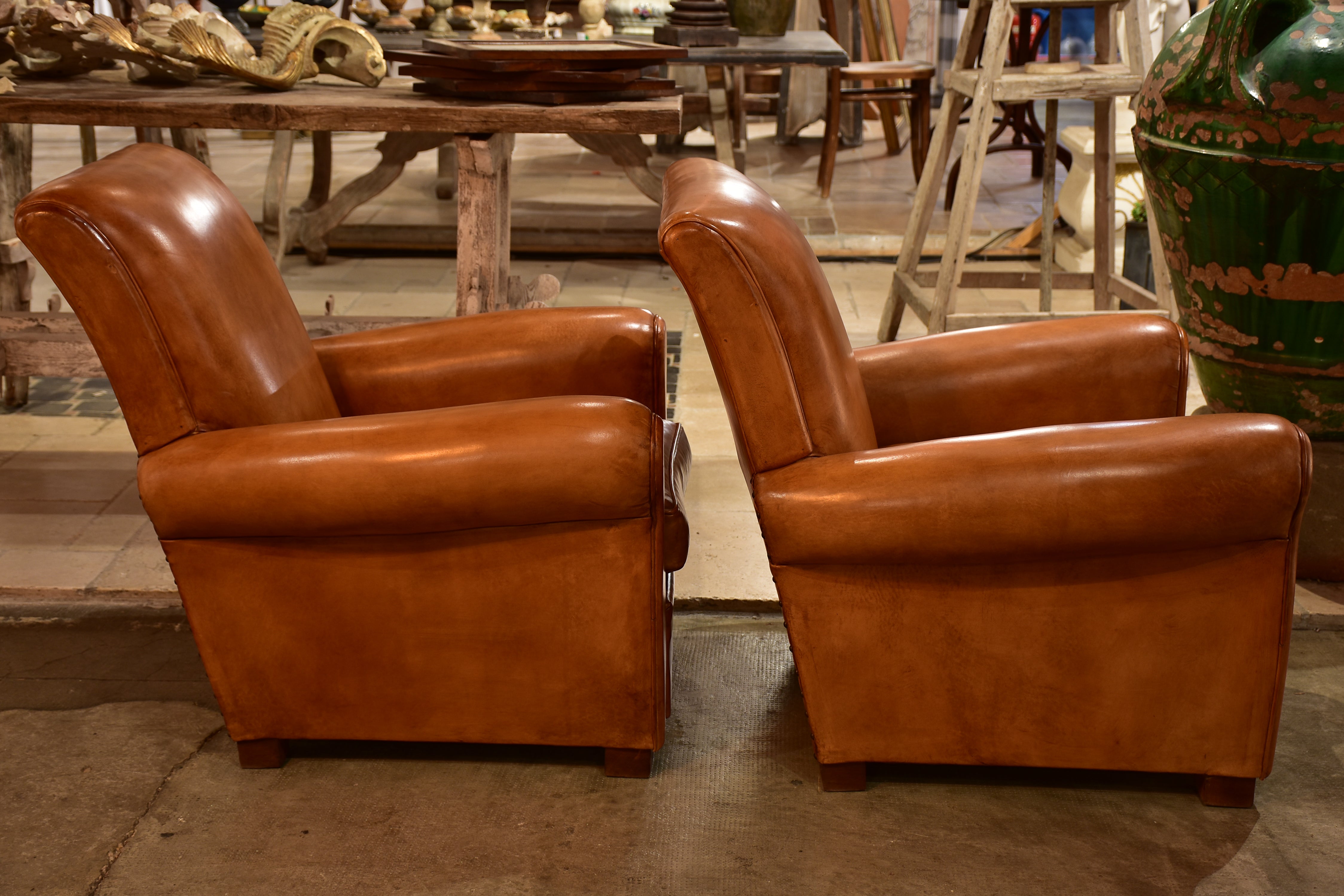 Pair of vintage leather club chairs – Chez Pluie